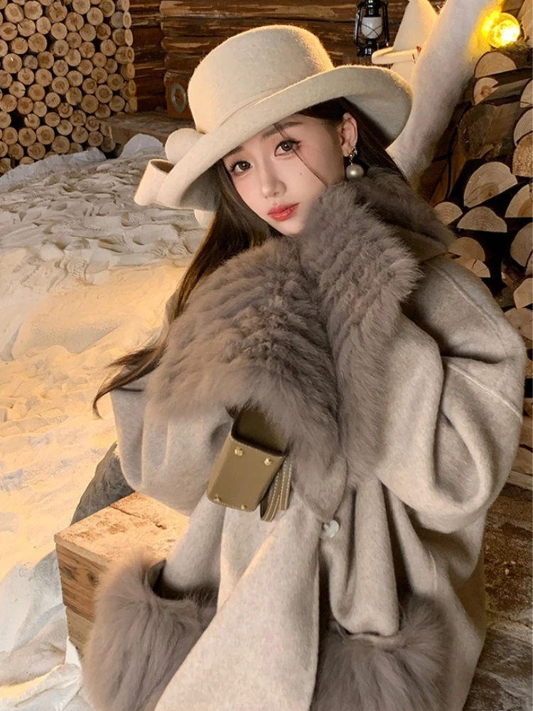2023 neue Weibliche Warme Kaschmir Woolen Mantel Mode Lose Winter Kleidung Frauen Heiße Verkäufe Große Echt Fox Pelz Kragen Wolle jacker