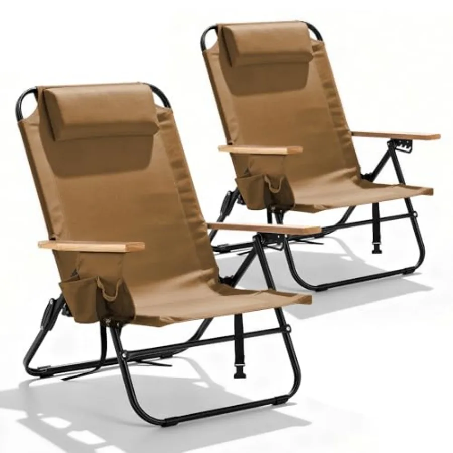 

2 Pack Premium 5-Position Reclining Camping Chair - Portable Folding Lightweight Outdoor Chair with Wooden Armrests, Headrest P