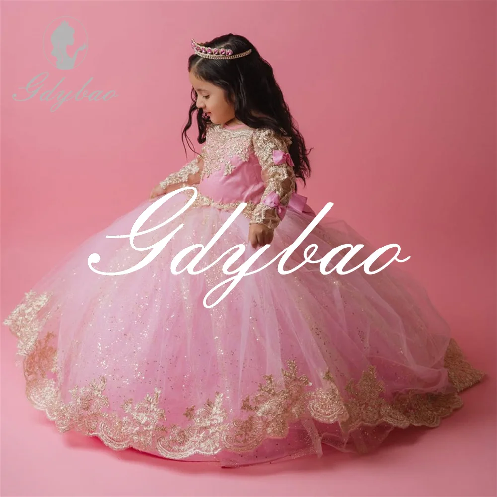 

Princess Long Ball Dress Applique Shiny Flower Girl Dress Floor Length Sweep Train Elegant First Communion Dress Customized 2025