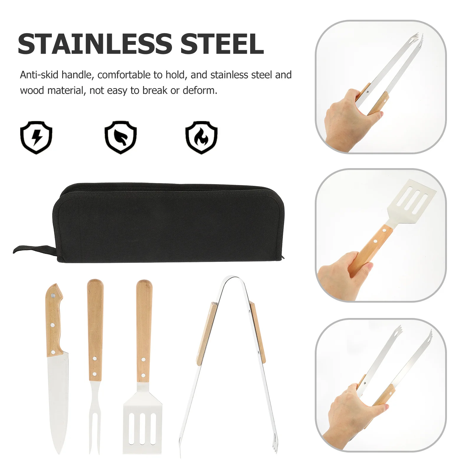 

1 Portable Grill Tools Set For Barbecue Camping Outdoor Cooking Spatula Fork Tong Cutter Stainless Steel Wood Anti-Slip Handle