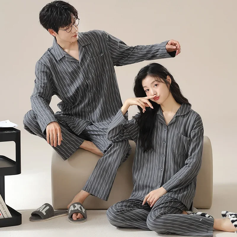 Koreanische Mode Baumwolle Nachtwäsche für Frauen und Männer 2024 Strickjacke Herbst Pyjama Set für Paare Langarm große Größe M-3XL Pijama