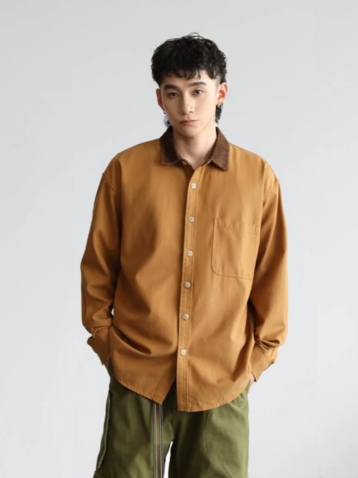 

Autumn Winter Men's Casual Long Sve irt Versatile Loose Fit American Sle Youth ular Wear Resistant Button down Coat