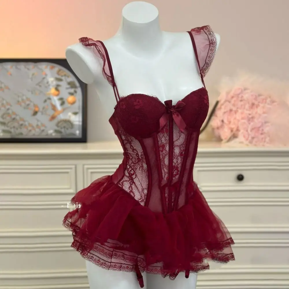 

Homewear Bow Lace Nightgown Transparent Sleeveless Women Lingerie Mesh Nightwear Lace Sling Nightdress Home