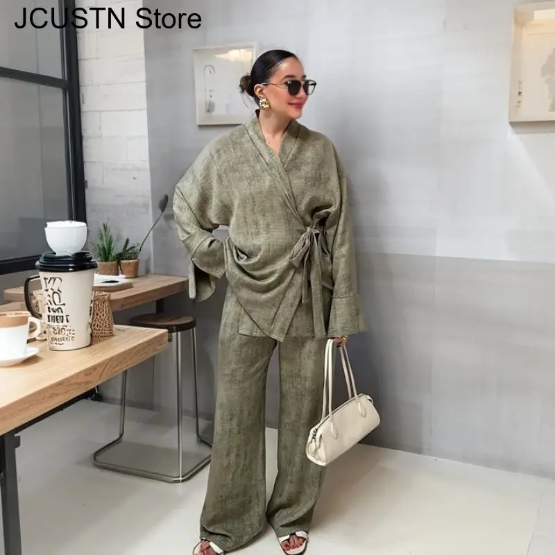 

Vintage Women's Shirt Pant Suit V-Neck Lace Up Kimono Top Long Sleeve Shirts Wide Leg Pants 2025 Spring Summer 2 Pieces Set