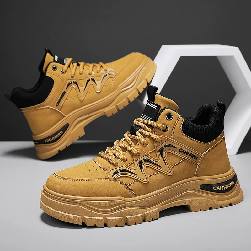 

Новые осенние желтые модные ботинки, мужские туфли с высоким берцем, повседневные модные уличные рабочие кроссовки, мужские мотоциклетные ботинки botas hombre