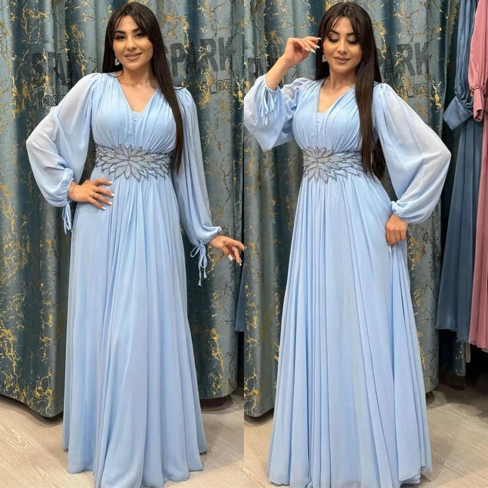 

Customized Exquisite V-Neck Chiffon Evening Dress Luxury Crystal Prom Dress Temperament Long Sleeves Special Occasion Gowns