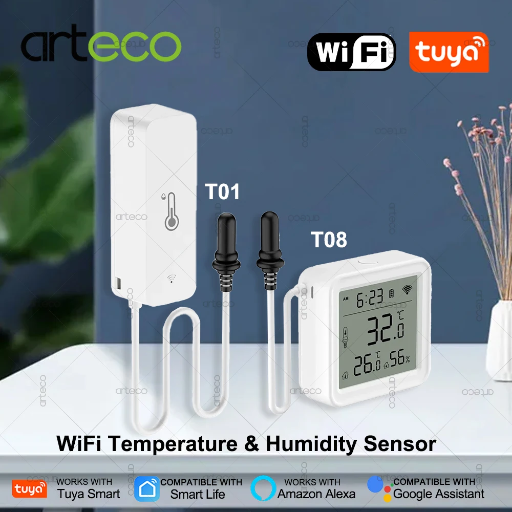 

Датчик температуры и влажности Tuya Wi-Fi с внешним зондом Smart Life, гигрометр, термометр, датчик, дистанционный прожектор, поддержка Alexa