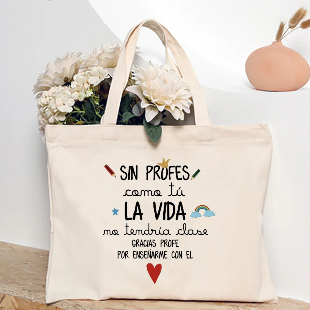 Best Teacher in The World Spanish Printed Women Shoulder Bag Canvas Shopping Bags Female Handbags Reusable Tote Gift for Teacher