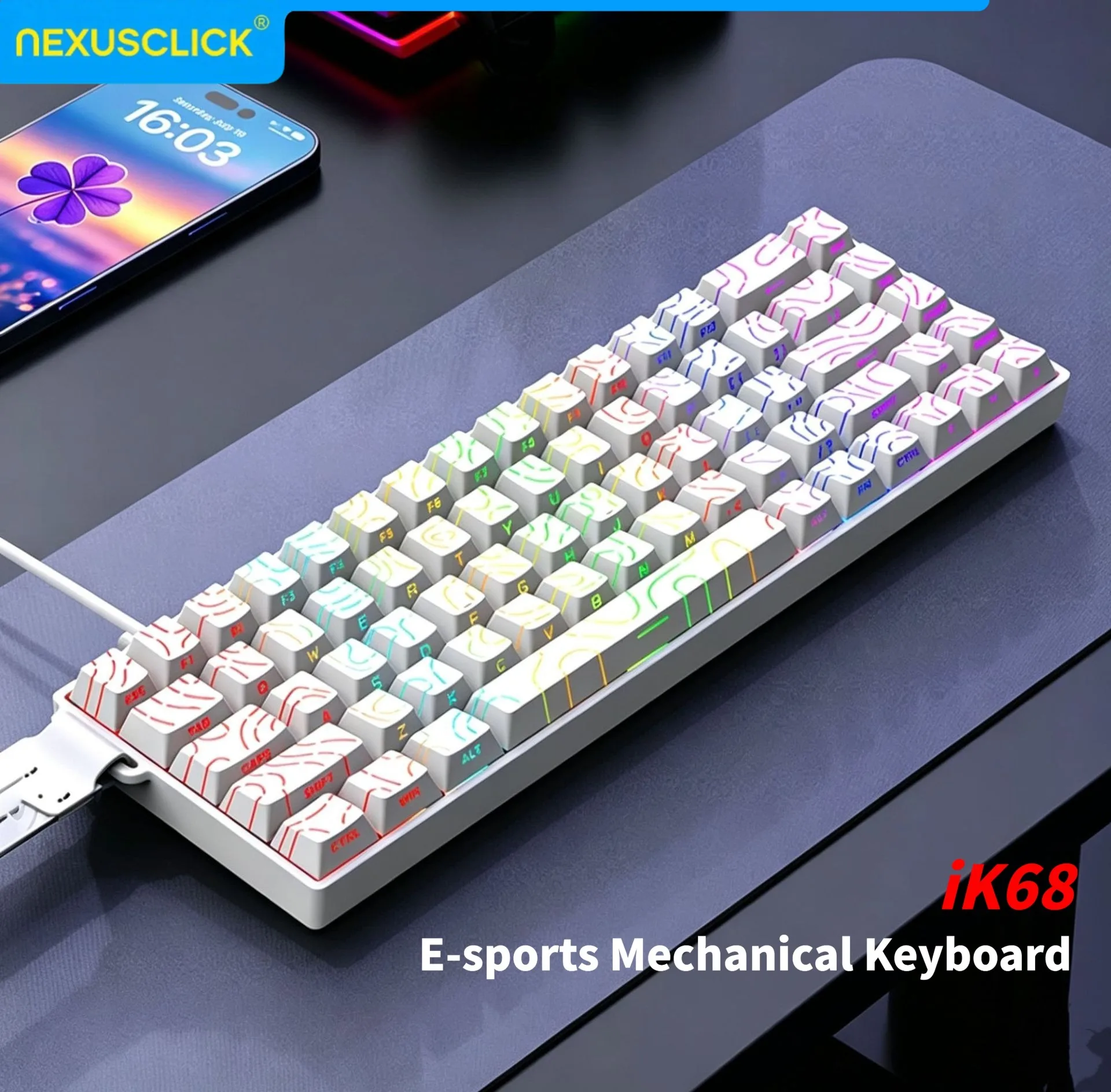 NexusClick iK68 68 Keys Hot‑Swappable Mechanical Keyboard Side‑Engraved Keycaps Type‑C Wired Gaming Keyboard Full Anti‑Ghosting