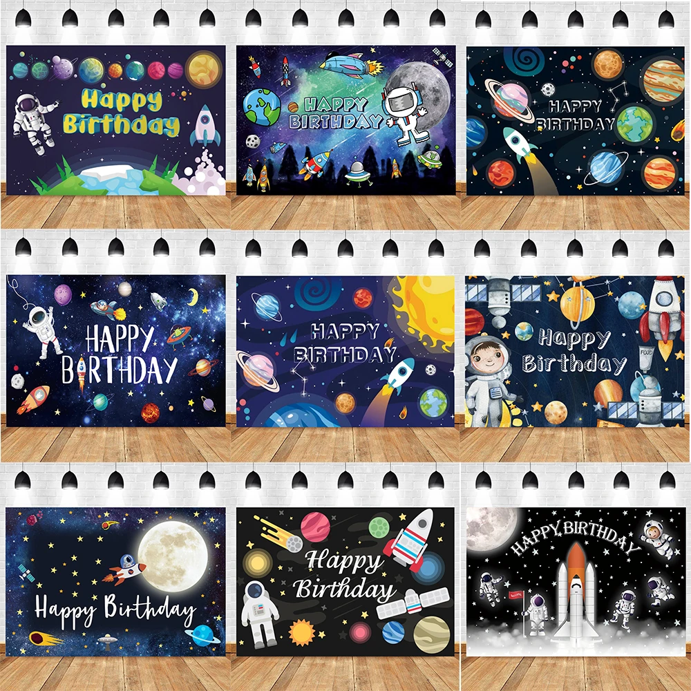 

Cartoon Space Universe Planet Theme Happy Birthday Background Cloth Party Decoration Banner Boy's Gift Photography Background