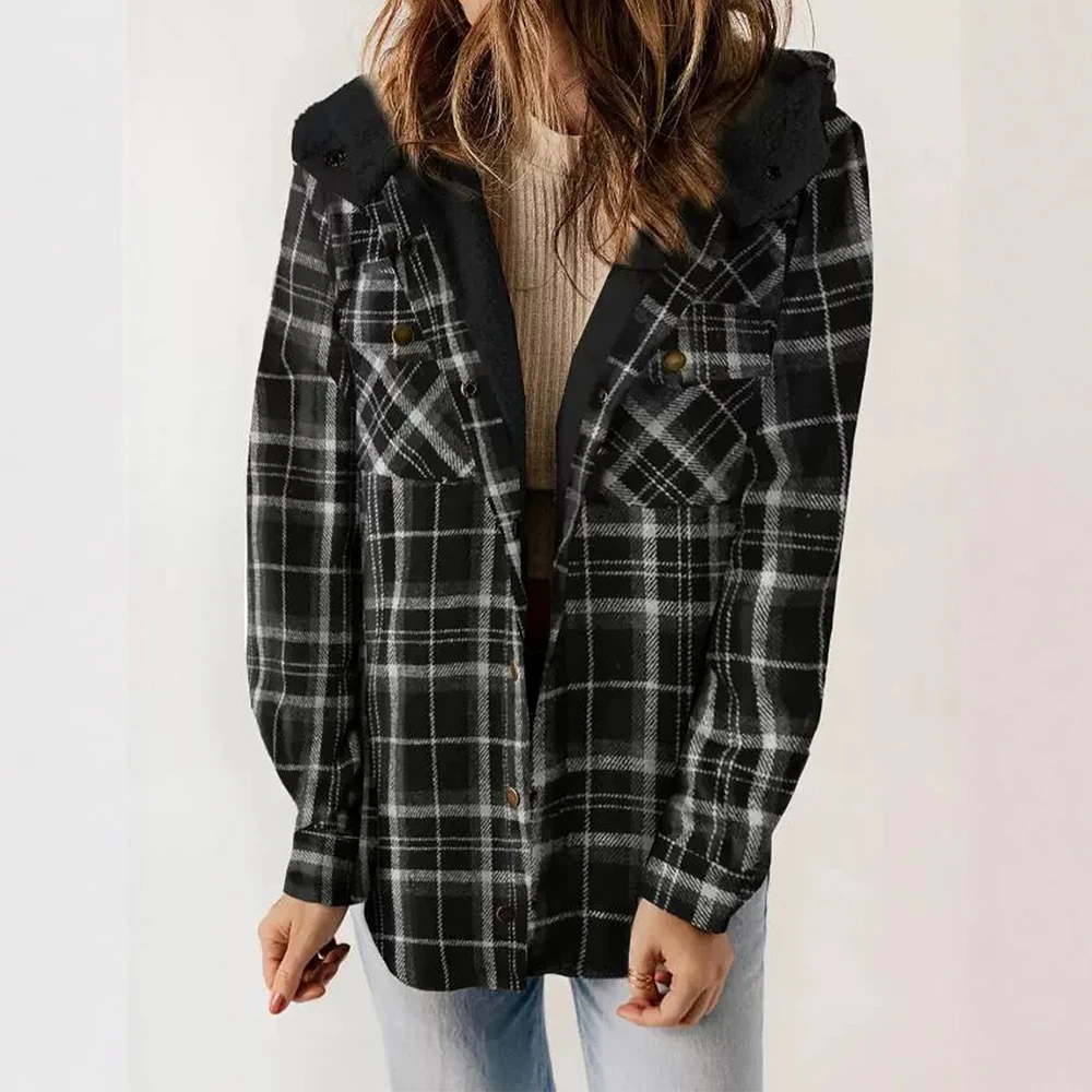 سترة نسائية كورية خفيفة الوزن بنمط منقوش بصدر واحد وطية صدر السترة شيربا وغطاء للرأس للخريف والارتداء اليومي #6