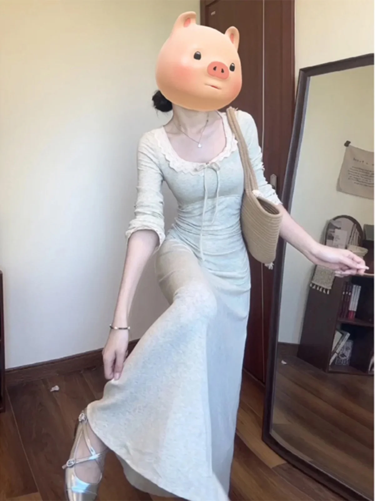 

Elegant Base Skirt Women's Autumn Winter Coat Matching Slimming Beautiful Temperament Dress A-Line Skirt Long Sleeve round Neck