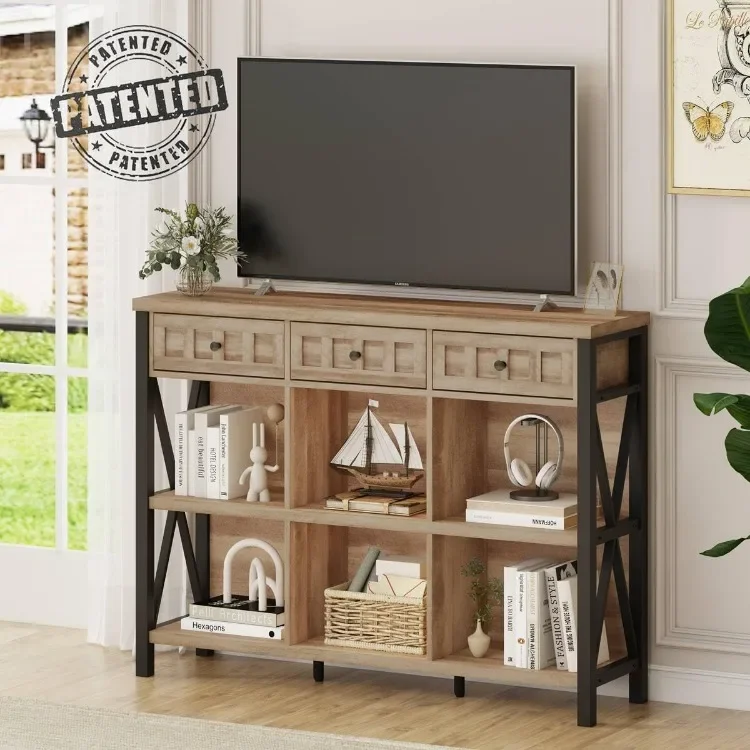 خزانة كتب ريفية مكونة من 6 مكعبات للمنزل والمطبخ مع 3 أدراج، ورف كتب أفقي طويل مع مساحة تخزين، ورف منظم منخفض الحجم