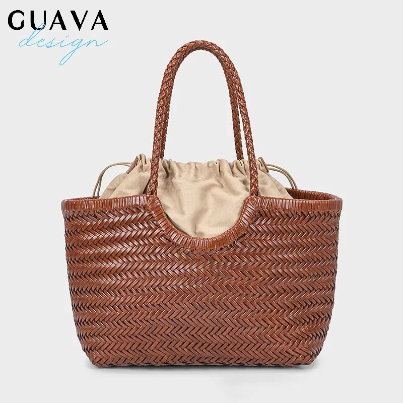 Hand-woven Genuine Leather Woven Casual Vegetable Basket Bag With Casual Woven Inside Bag Vintage Shopping Bag Tote Bag