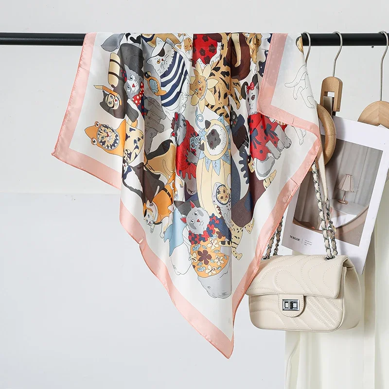 Bufanda de seda cuadrada de marca de lujo para mujer, chal, diademas, pañuelo pequeño y suave con estampado de gato, pañuelo femenino, bufandas Hijab de satén de 70cm