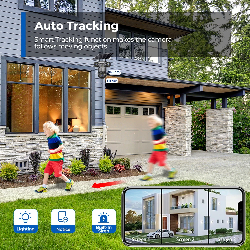 Telecamera solare 4G a tre obiettivi con scheda SIM Batteria esterna da 12 MP Monitor video con rilevamento del movimento PIR Sorveglianza a tre schermi 6K
