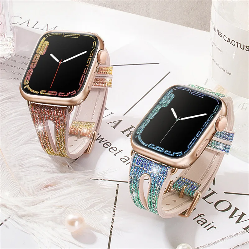 애플 워치 밴드용 실리콘 스트랩, 여성용 PU 스킨 스트랩, iwatch 시리즈 울트라 8 7 SE 6 5, 44mm, 40mm, 45mm, 41mm, 49mm, 42mm, 38mm