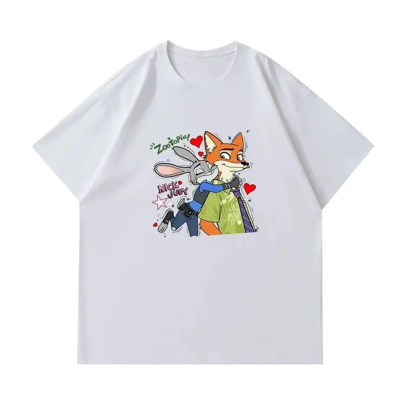 Zootopia شخصيات كرتونية نيك وجودي طباعة 2025 صيف جديد فضفاض القطن تي شيرت الرجال الشارع موضة عادية أنيمي تيز #3