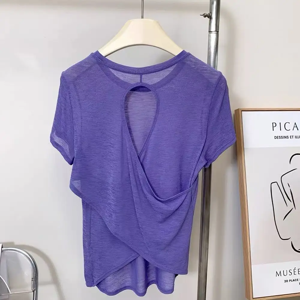 

Одежда для йоги, женская блузка с короткими рукавами, полые крестики, тонкая сетка, красивая уличная рубашка сзади, тонкая спортивная верхняя одежда для фитнеса