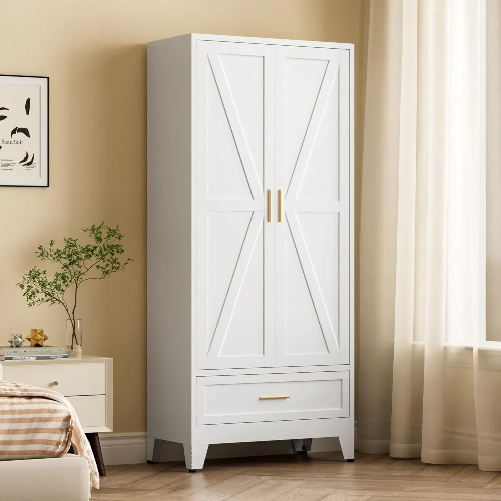 

Metal Armoire Wardrobe Closet with Drawer, Farmhouse White Wardrobe Cabinets for Hanging Clothes,Rustic Barn Door Dasign