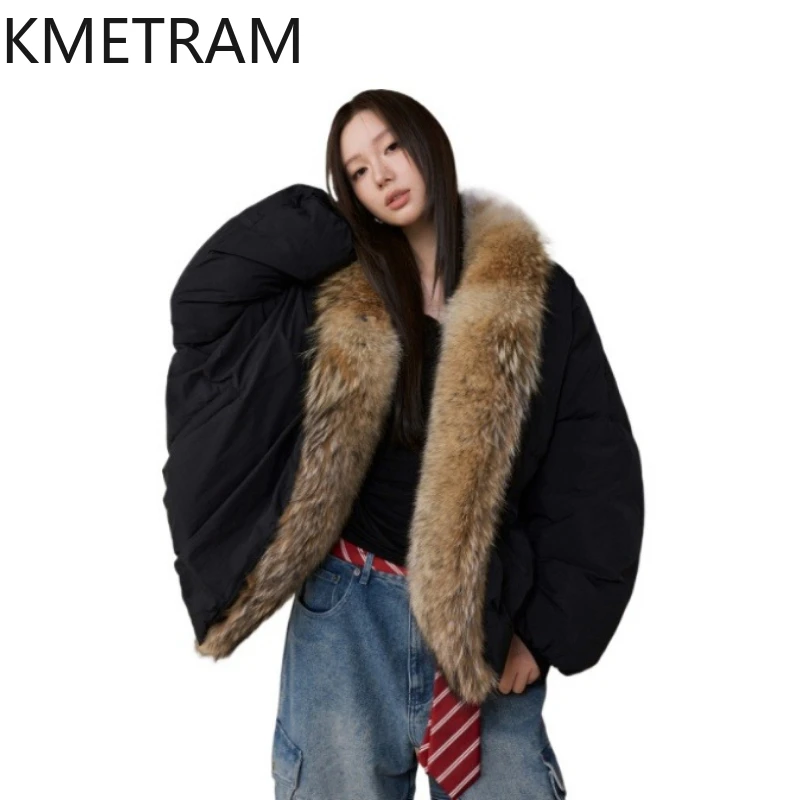

KMETRAM White Goose Down Fur Jacket Woman Removable Wolf Fur Collar Winter Coats Women Clothing Puffer Jackets 2025 шуба женская