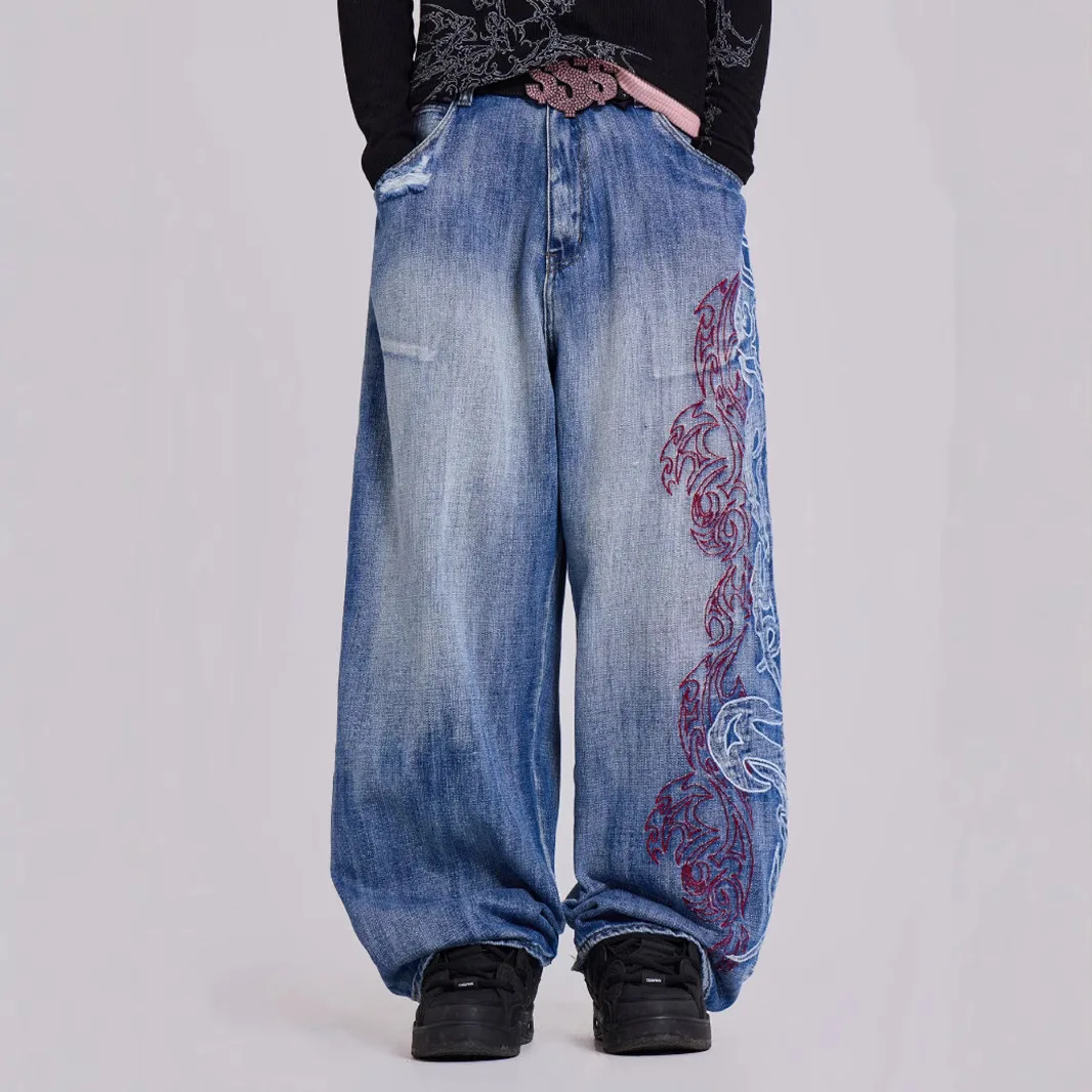 

High Street Embroidered Baggy Pants Men Vintage Straight Jeans Women Unisex Wide Leg Denim Pants Fashion Men Y2k Pants
