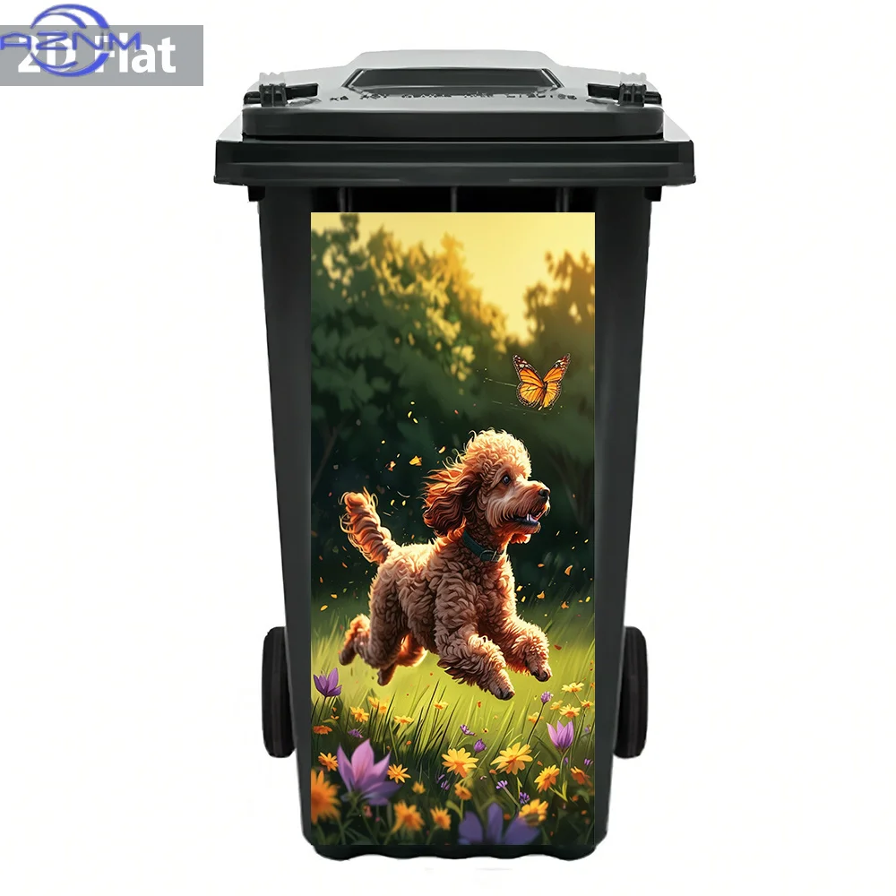 2D1pc Curly Poodle Chasing Butterfly in Flower Field  Trash Bin Sticker - Self-Adhesive Waterproof Removable Decor for Home Wa