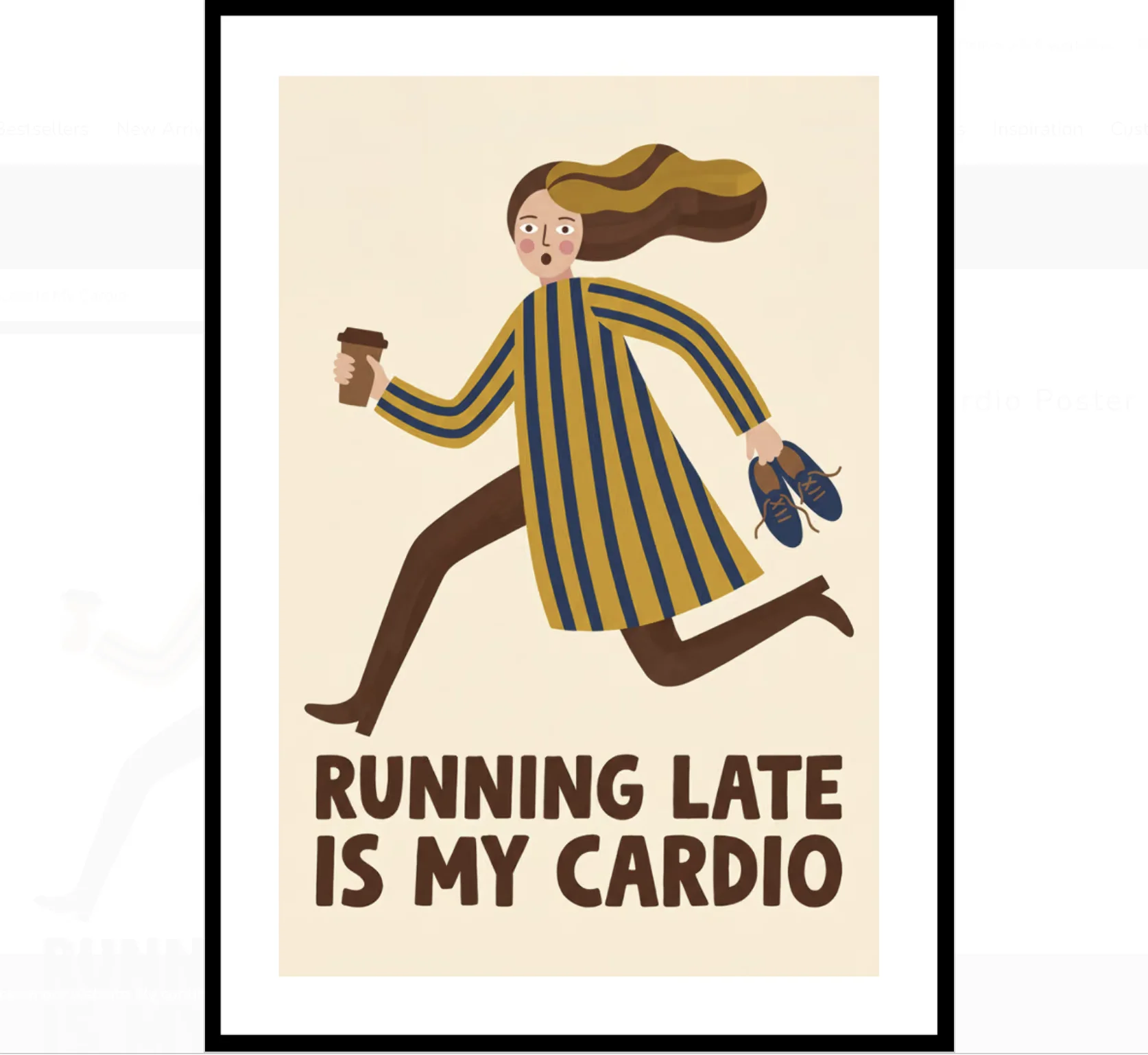Funny Running Late Is My Cardio Coffee Girl Wall Art Canvas Prints Posters Decor, Humor Decor Bedroom Kitchen Office Living Room