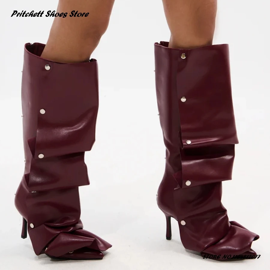 

Women's Pleated Knee-High Boots with Rivet European and American Style Casual Shoes Fashion Pointed Toe Thin Heels Modern Boots