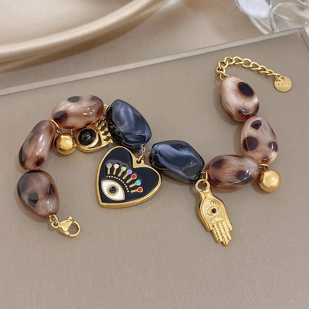 Greatera Leopard Print Irregular-shaped Acrylic Oil-dripping Eye Pendant Bracelet Creative Unique Exaggerate Women's Bangle INS