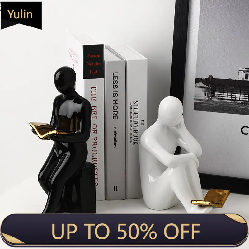 Reader Shape Crafts Statue Ceramic Bookends Library Bookshelf Crafts Ornaments Minimalism Character Sculpture Creative Bookends