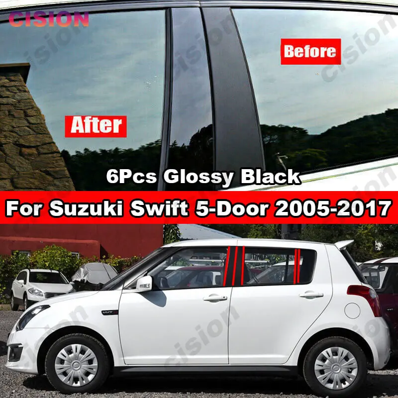 Błyszczące czarne włókno węglowe okno samochodu drzwi kolumna BC filar nakładki wykończenia materiał PC naklejki dla Suzuki Swift 5-Door 2005-2016