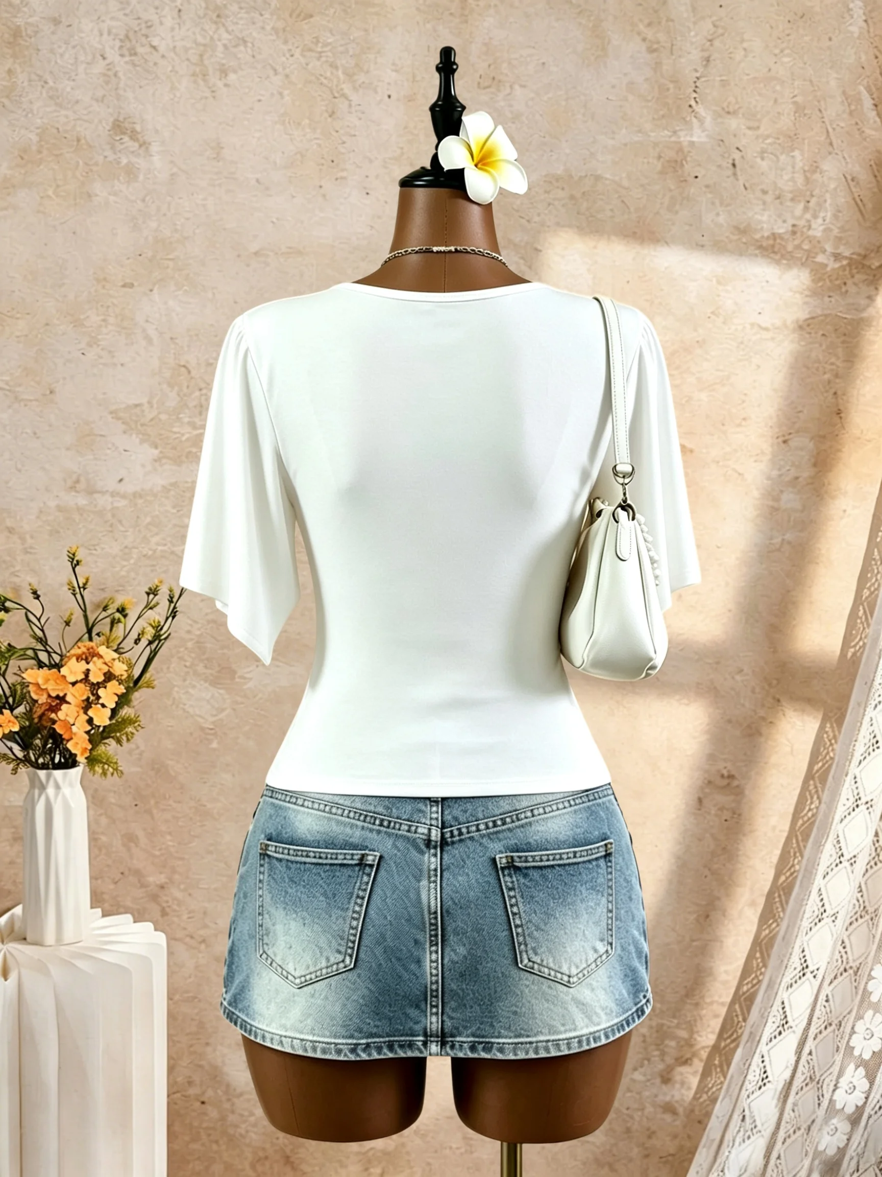 Women Wrap V Neck Flutter Short Sleeve Ruched Waist Fitted Top Slim Fit Casual Blouse