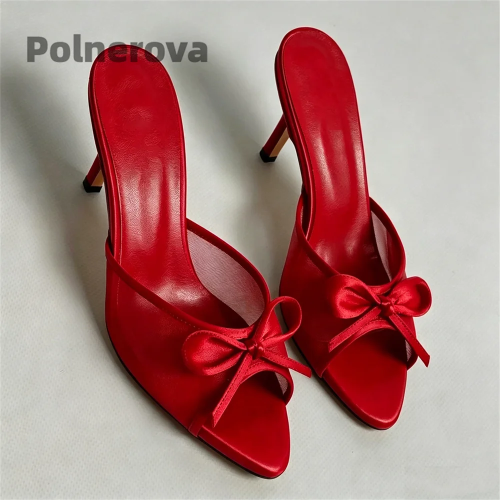 Bow Knot Mesh Slippers Women Pointed Toe Backless Mules Stiletto High Heel Slip On Sandals Elegant Wedding Party Dress Shoes