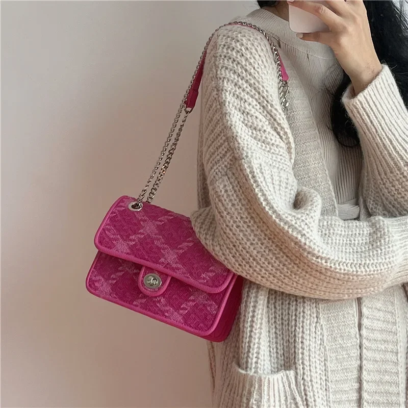 Rose Pink Women Lock Shoulder Bags Luxury Plaid Ladies Small Square Crossbody Bag Fashion Design Female Clutch Purse Handbags