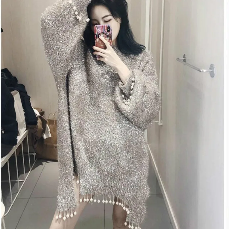 Women Fall Bright Silk O-Neck Beaded Pullovers Wild Irregular Knit Pearls Tassels Sweater Dress Long-sleeved Loose Knitwear Tops