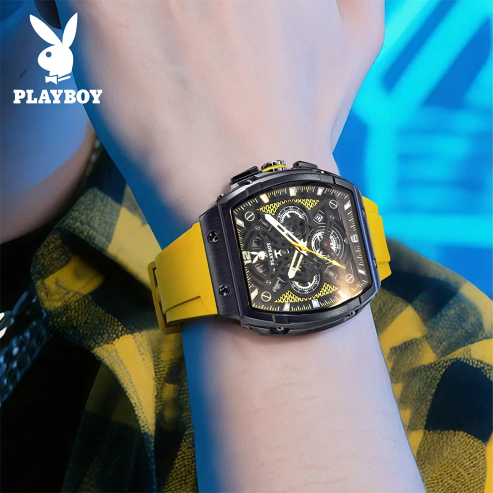 PLAYBOY Watches Man Waterproof Luminous Tonneau Skeleton Quartz