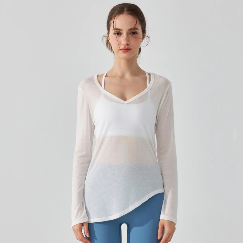 Drawstring Pleated Sports Top Women's Loose Running Cover Long Sleeved Hip Covering Irregular Pilates Fitness Yoga Suit Clothing