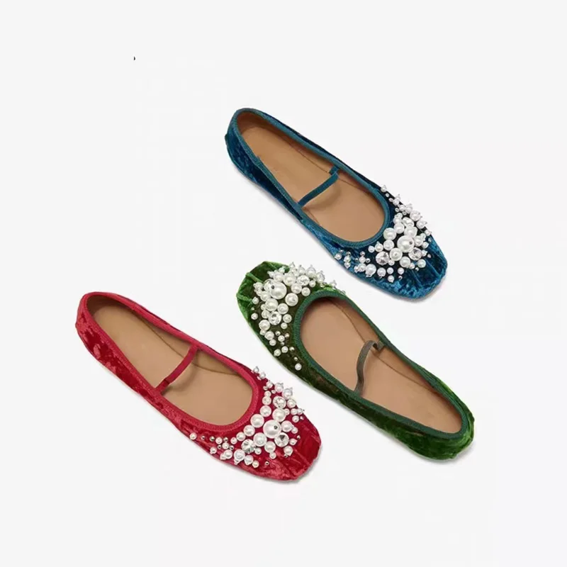 

Glossy Pearl Rhinestone Studs Velvet Flats Shoes Blue Green Red Velvet Round Toe Thin Strap soft Slip on Women Loafer Shoes