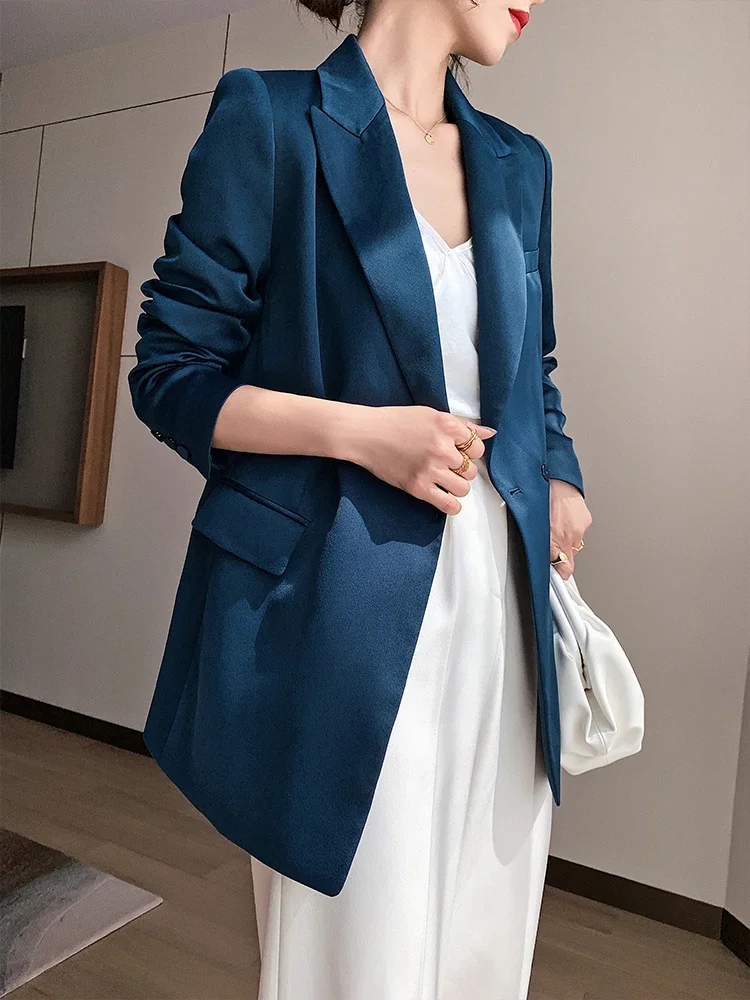 Blue Blazer for Women 2024 Spring Autumn Trendy Korean Style Luxury Satin Suit Jacket OL Work Coat Female Outerwear