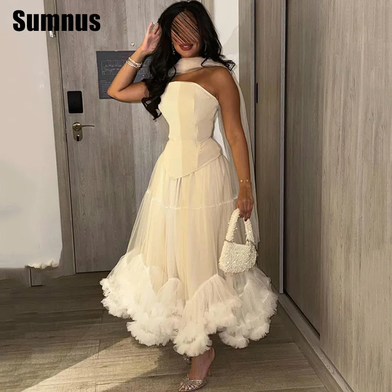 

Sumnus White Tulle Evening Prom Gowns Strapless A-Line Ankle-Length Sleeveless Party Dress Pleats Tiered Gowns Customized