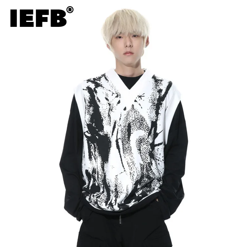 

IEFB Men Vest New Fashion Korean Tie Dyed V-neck Sleeveless Vests Trendy Casual Male Top Pullover Clothing 2024 Summer 9C5144