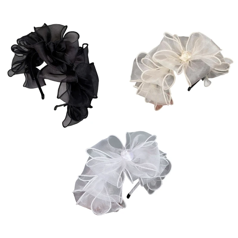 Mxmb elegante malha bowtie bandana crânio hairband laço francês flor hairhoop para feminino teaparty cabelo moldar