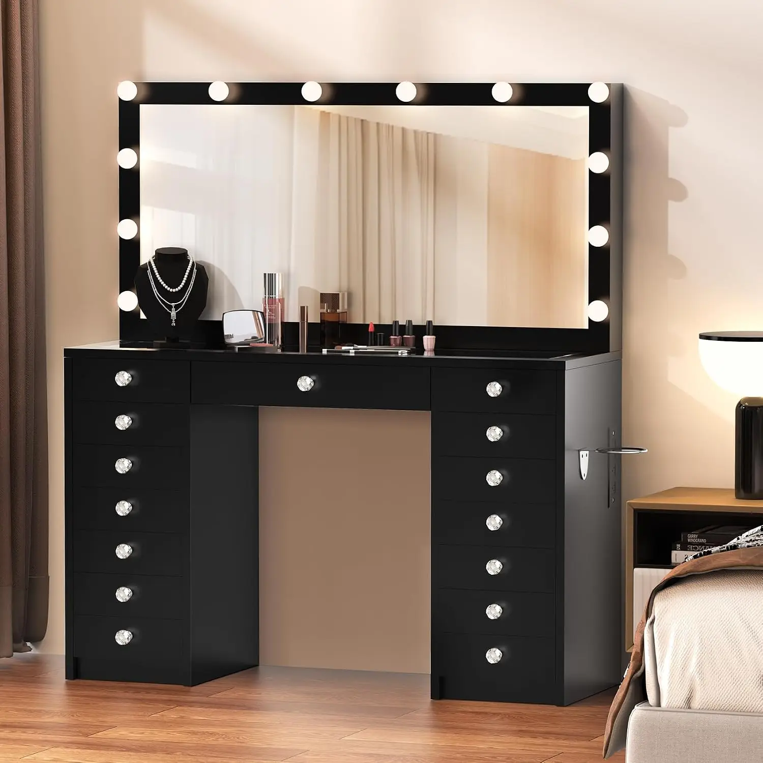 15 Drawers Vanity Desk with Power Outlet, Lighted Mirror, 3 Color Modes, Tempered Glass Top, Bedroom Dressing Table, Customized