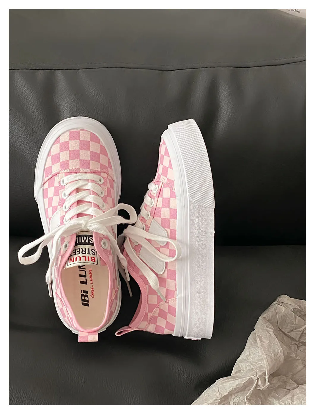 New Women Pink Checkered Canvas Shoes Thick Sole Female Beige Sneaker Lace Up Shallow Summer Flat Casual Shoes Soft Latex Insole