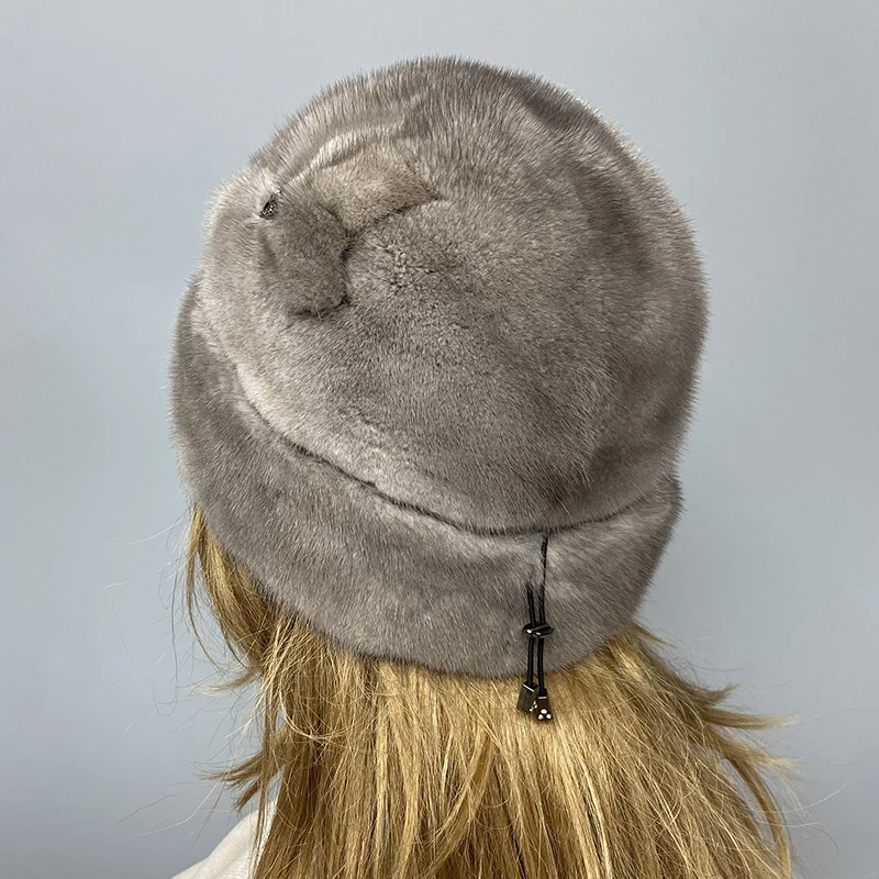 Luxury Women's Mink Fur Bucket Hat Winter Warm Diamond Fedora Real Fur Fashion Headwear