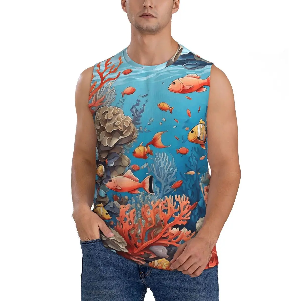 Coral Reef And Fishes Seamless Pattern Men Sleeveless Tank Tops Quick Dry Breathable Gym Fitness Running Summer Sport Vest