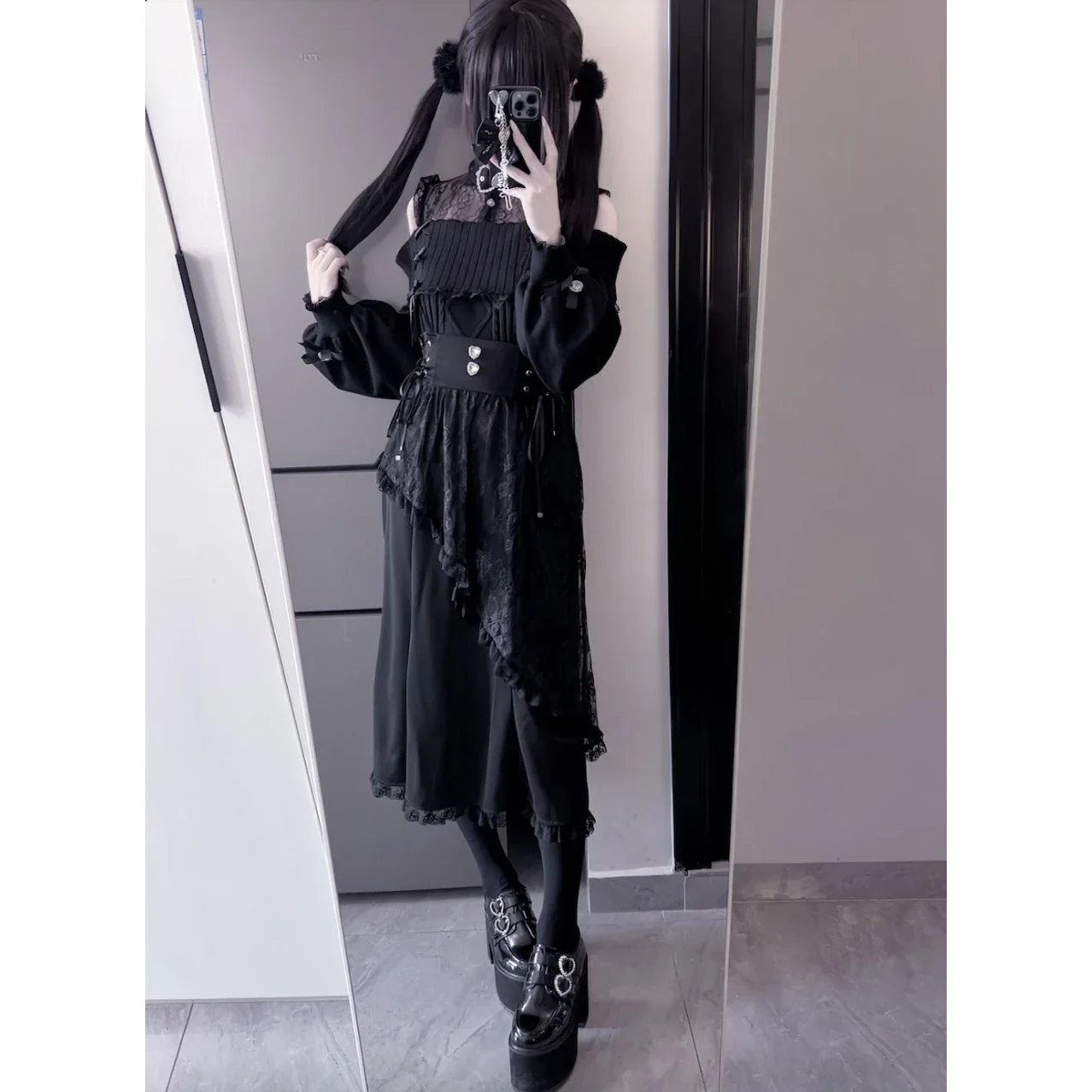 Japanese Mine Series Mass Production Fishtail Skirt for Women High Waist Lace Splicing Black Long Skirt Lady Sweet Sweaters Top