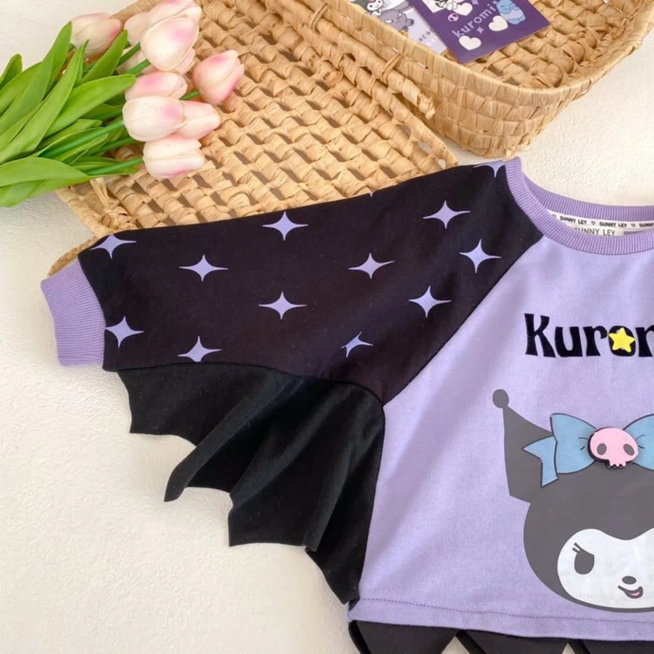 Sanrio Cartoon Kuromi Long Sleeve Sweater Fall Autumn Cartoon 3-8y Children Sweet Warm Clothes Kwaii Round Neck Batwing Blouse