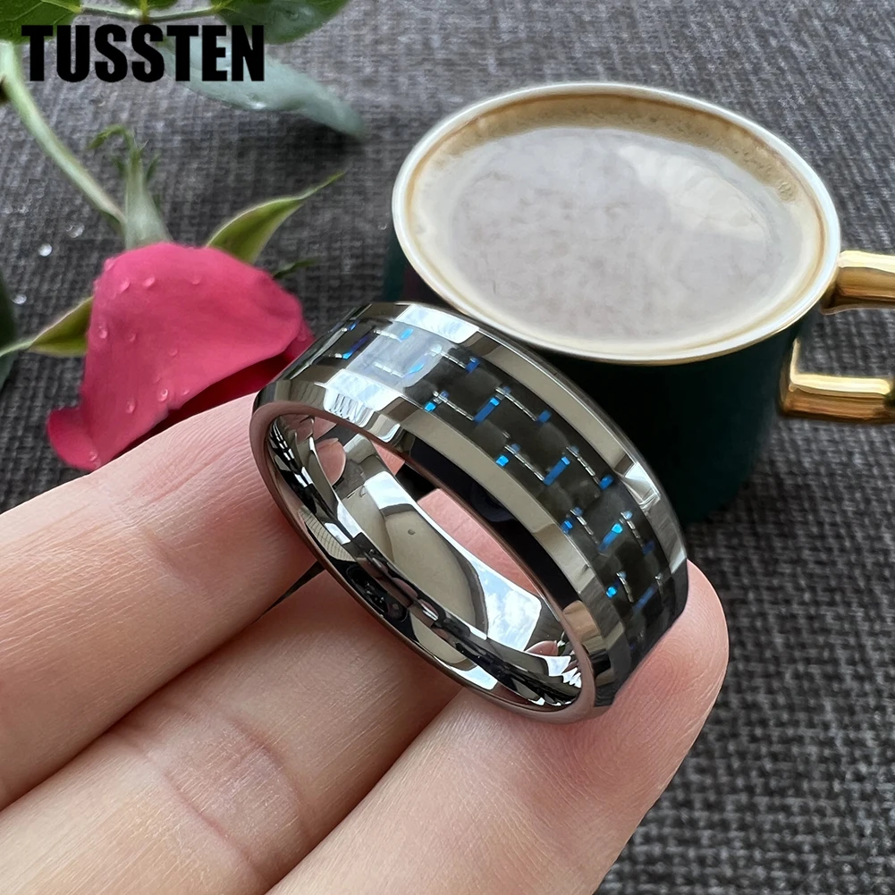 Dropshipping TUSSTEN 6/8MM Men Women Tungsten Wedding Band Black Blue Carbon Fiber Inlay Shiny Bevel Edges Comfort Fit